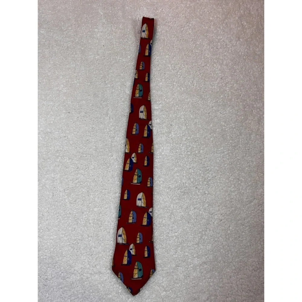 Lands' End Sailboat Silk Tie Mens Red Blue Yellow Nautical Made in USA Excellent